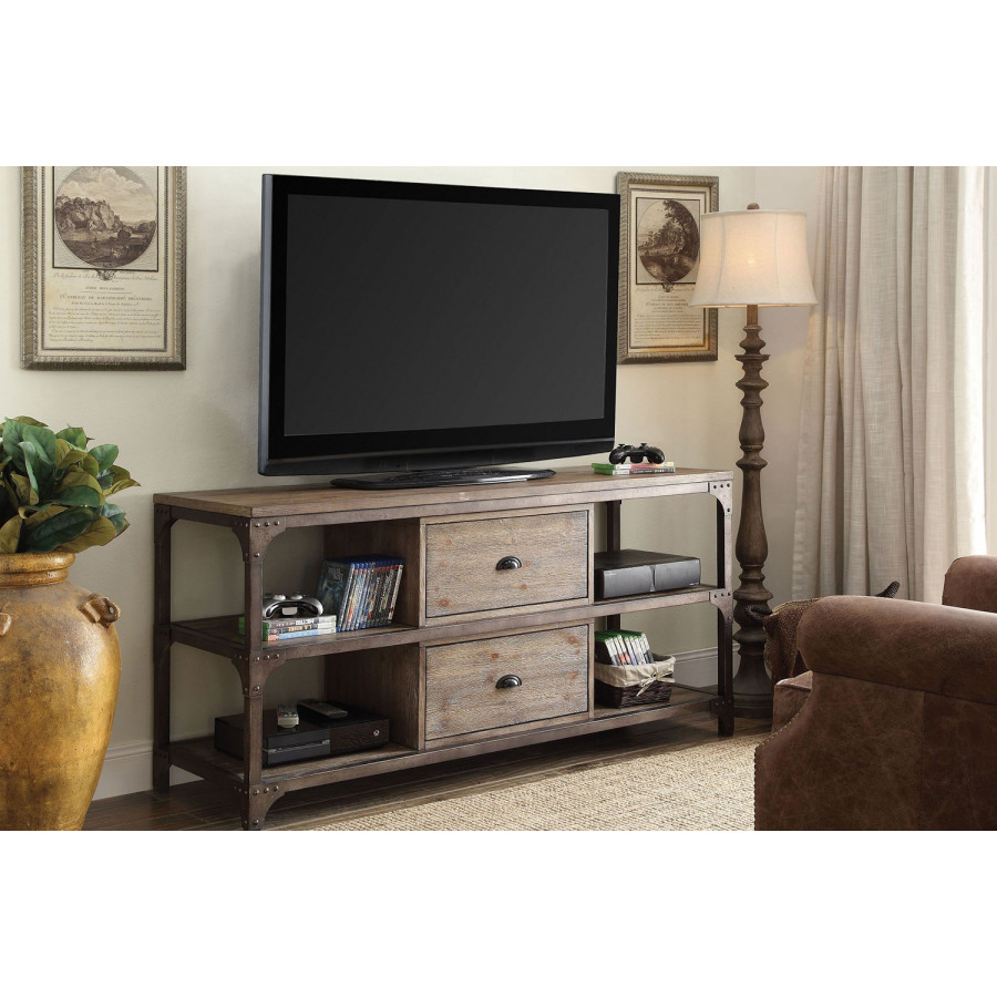 ACME - Gorden TV Stand in Weathered Oak/Antique Silver Metal