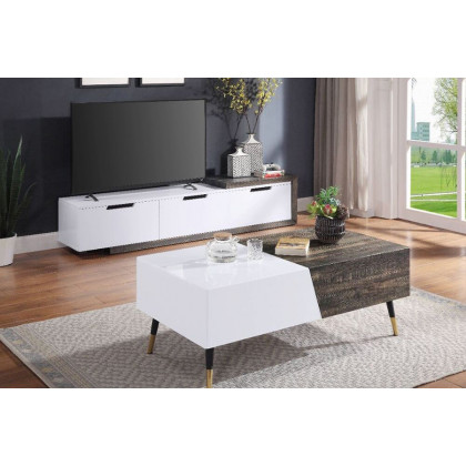 ACME - Orion TV Stand in White High Gloss/Rustic Oak