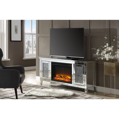 ACME - Noralie TV Stand with Fireplace in Mirrored/Faux Diamonds (91770)