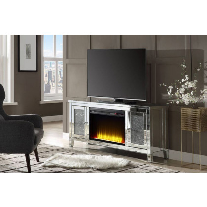 ACME - Noralie TV Stand with Fireplace in Mirrored/Faux Diamonds (91770)