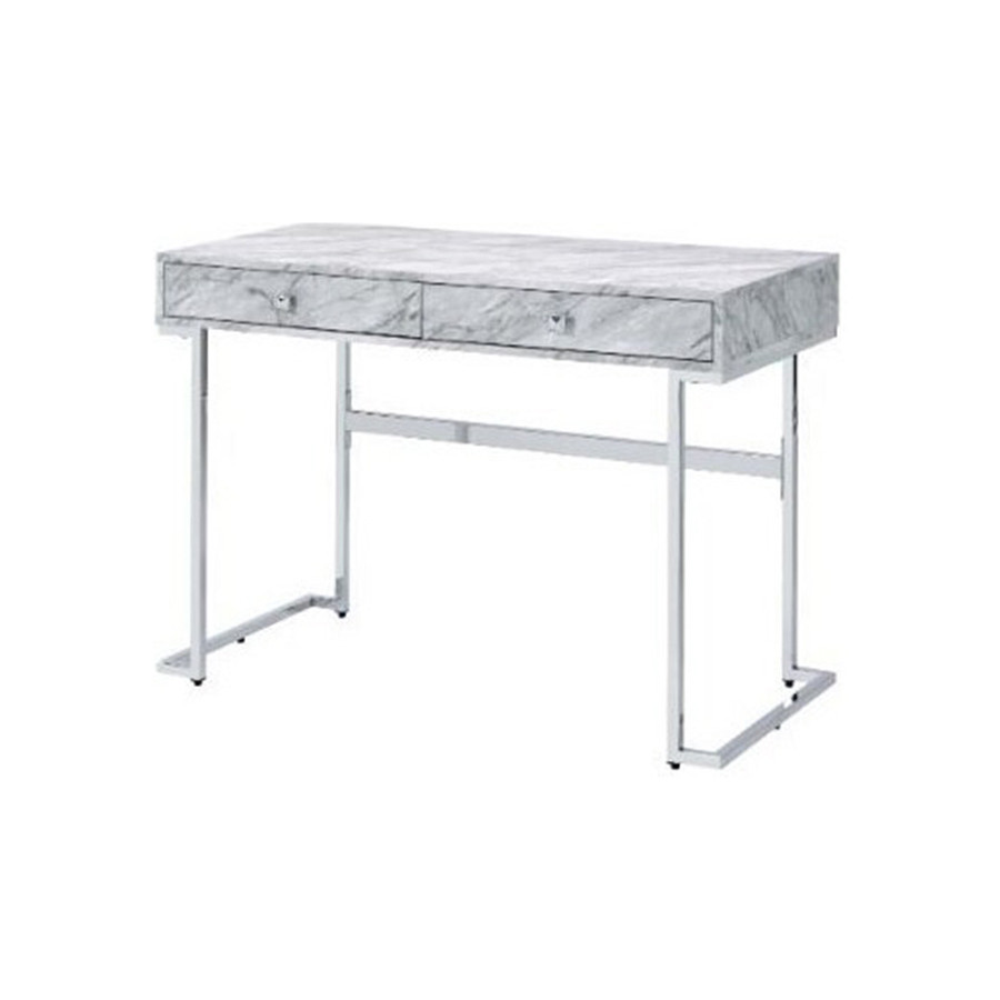 ACME - Tigress Writing Desk in White Faux Marble Top/Chrome
