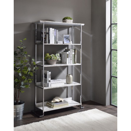 ACME - Visage Bookshelf in White Faux Marble Top/Chrome