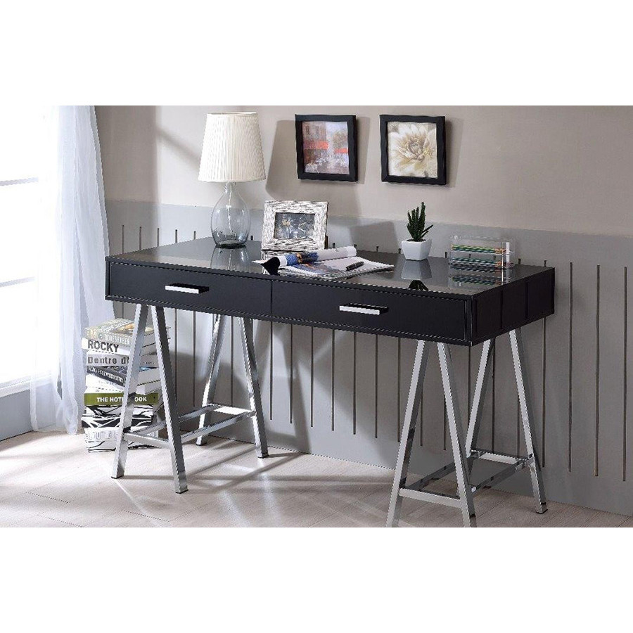 ACME Coleen Built-In USB Port Writing Desk - Black High Gloss and Chrome Finish