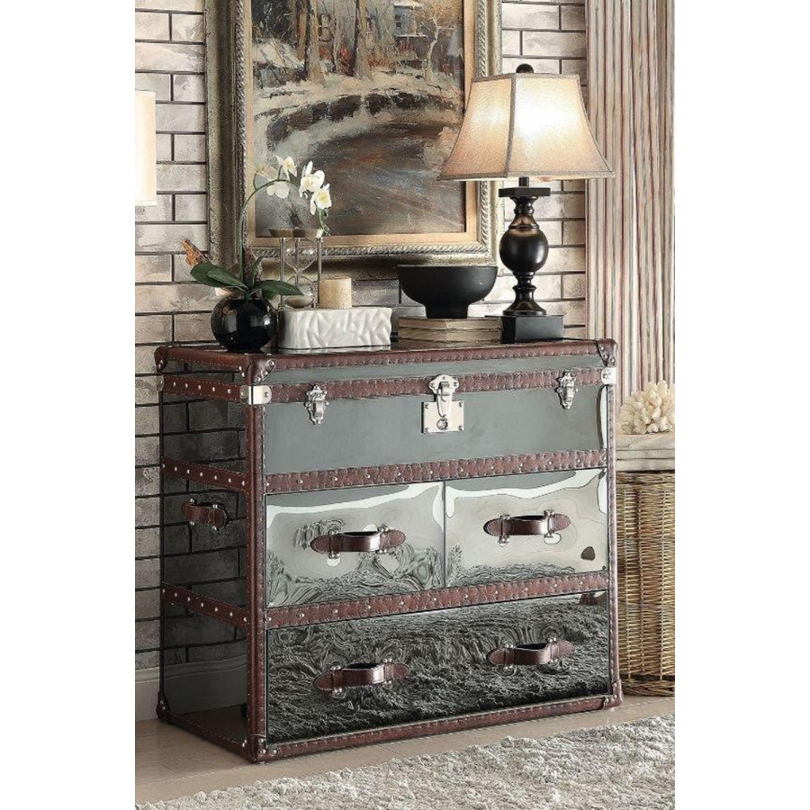 ACME - Aberdeen Console Cabinet in Vintage Dark Brown/Stainless Steel