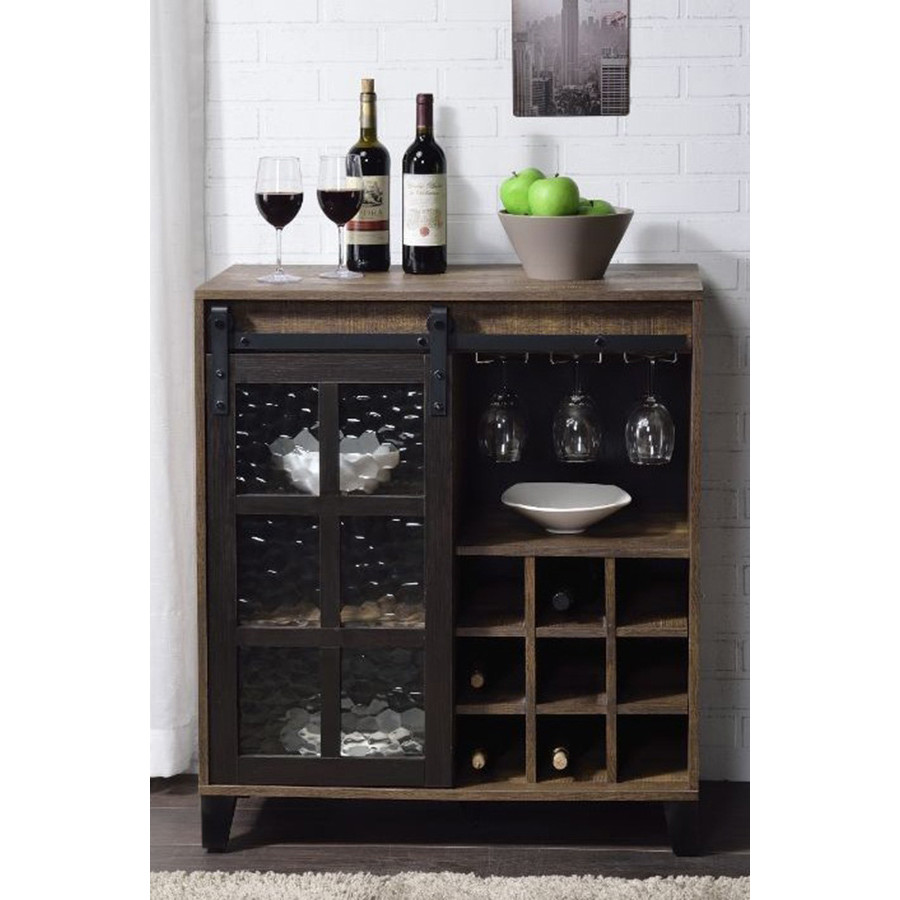 ACME - Treju Wine Cabinet in Obscure Glass/Rustic Oak/Black