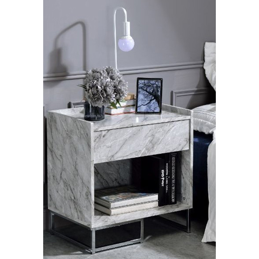 ACME - Azrael Accent Table in White Printed Faux Marble/Chrome