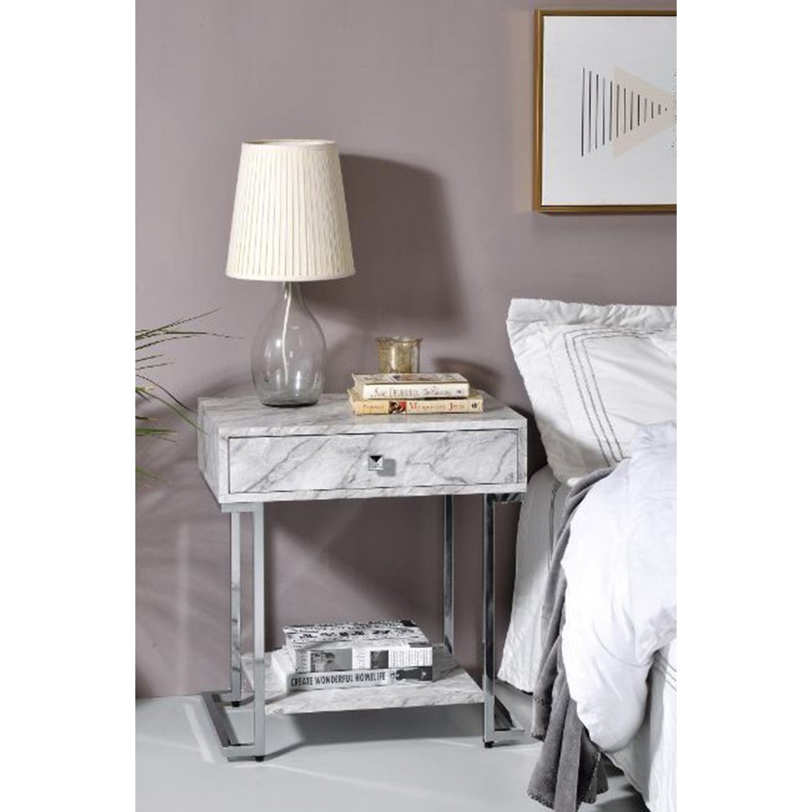 ACME - Wither Accent Table in White Faux Marble Top/Chrome