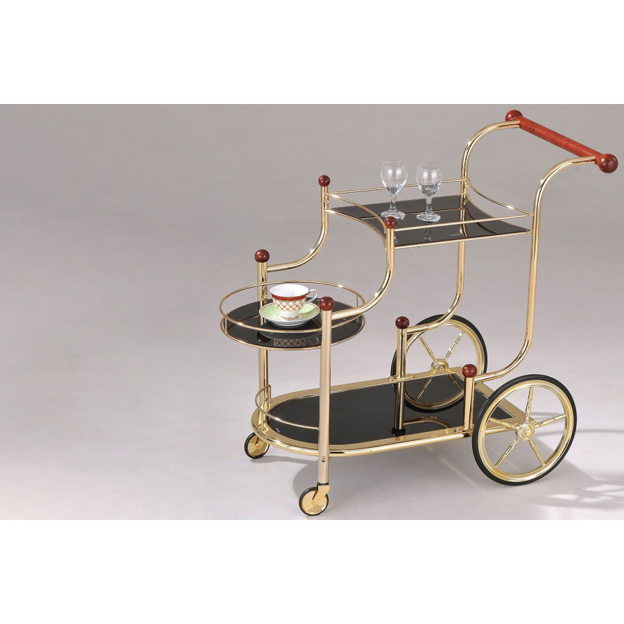 ACME - Lacy Serving Cart in Black Glass/Gold Plated