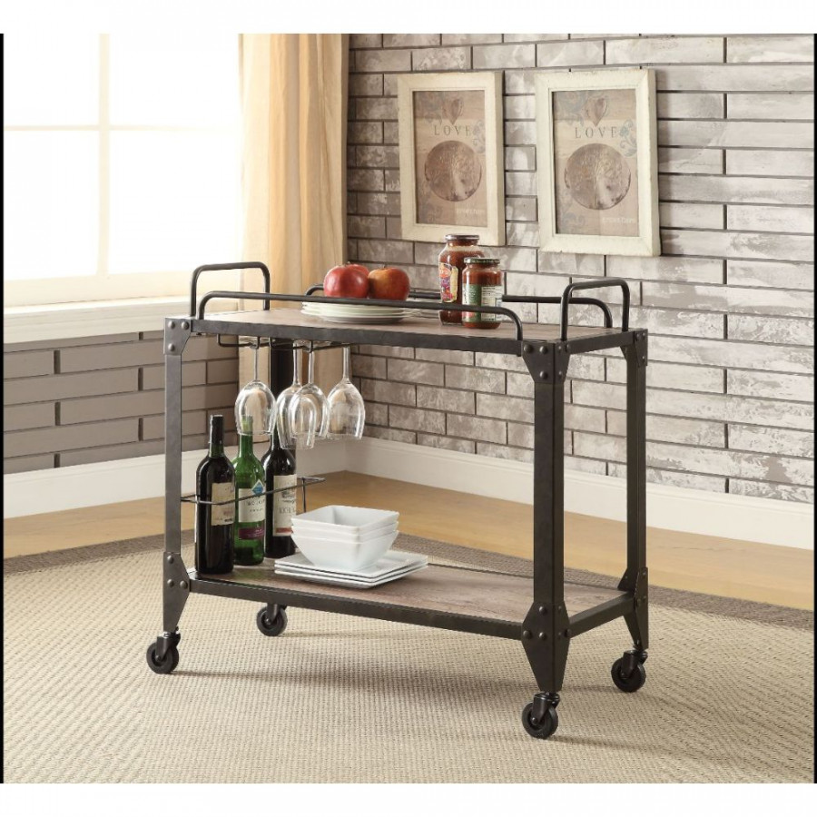 ACME - Caitlin Serving Cart in Rustic Oak/Black