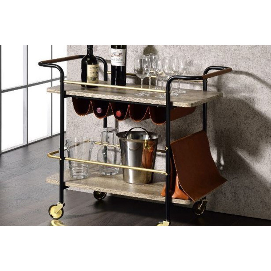 ACME - Naude Serving Cart in Natural/Gold/Black