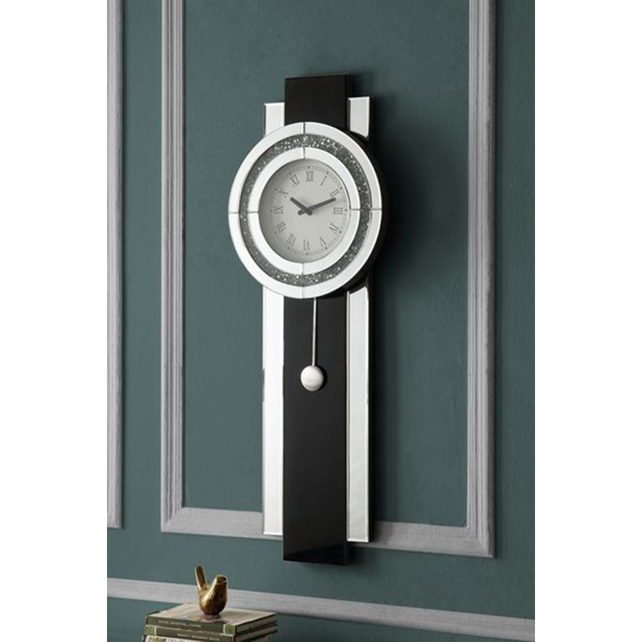 ACME - Noralie Wall Clock in Black/Mirrored/Faux Diamonds
