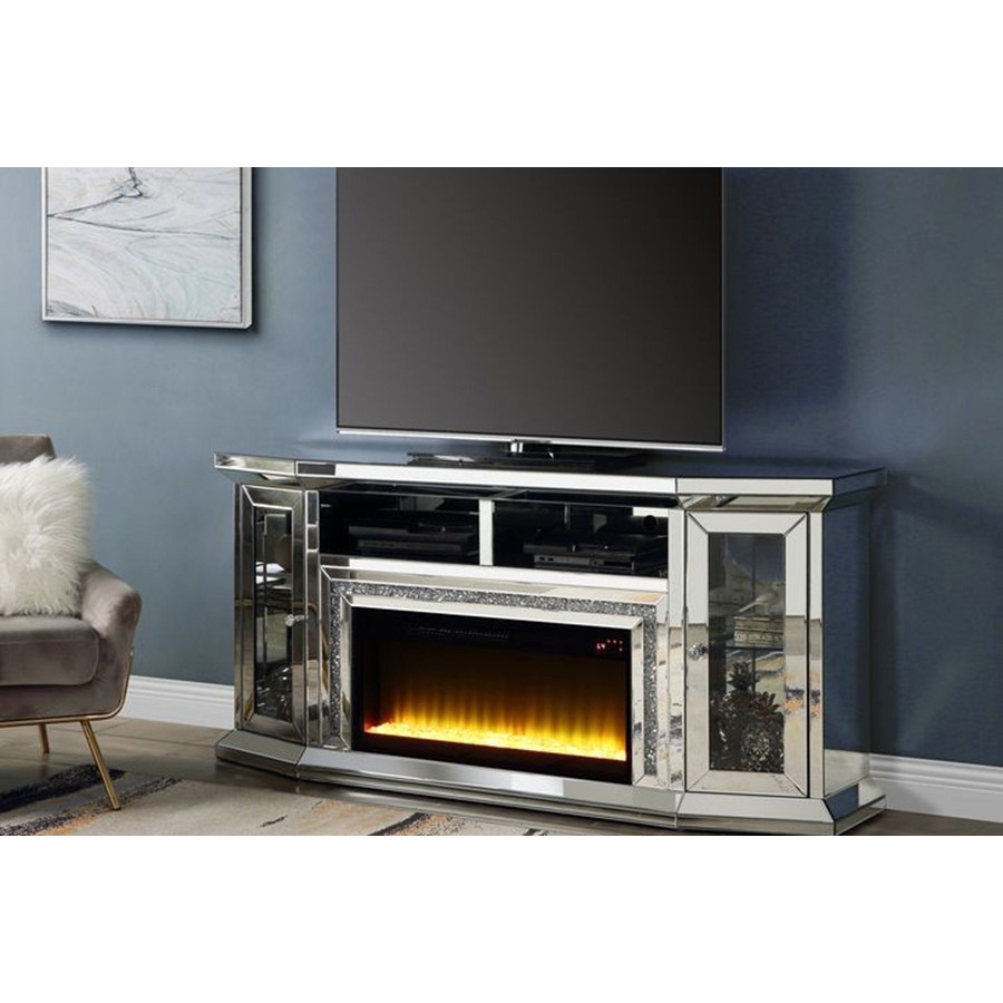 ACME - Noralie TV Stand with Fireplace & Led in Mirrored/Faux Diamonds (AC00517)