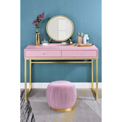 ACME Coleen Vanity Desk with Mirror & Jewelry Tray - Pink/Gold