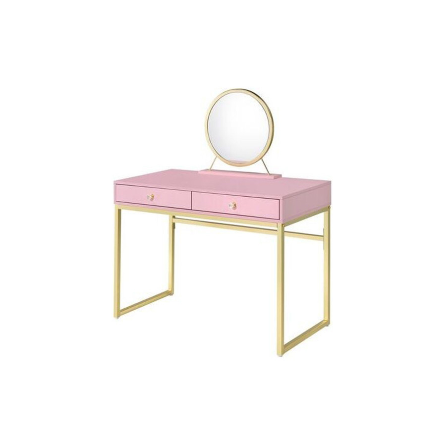 ACME Coleen Vanity Desk with Mirror & Jewelry Tray - Pink/Gold