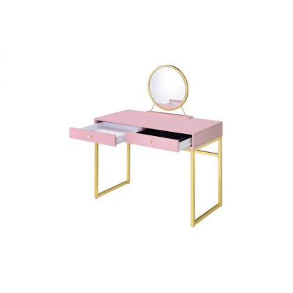 ACME Coleen Vanity Desk with Mirror & Jewelry Tray - Pink/Gold