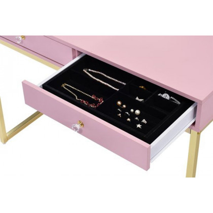 ACME Coleen Vanity Desk with Mirror & Jewelry Tray - Pink/Gold