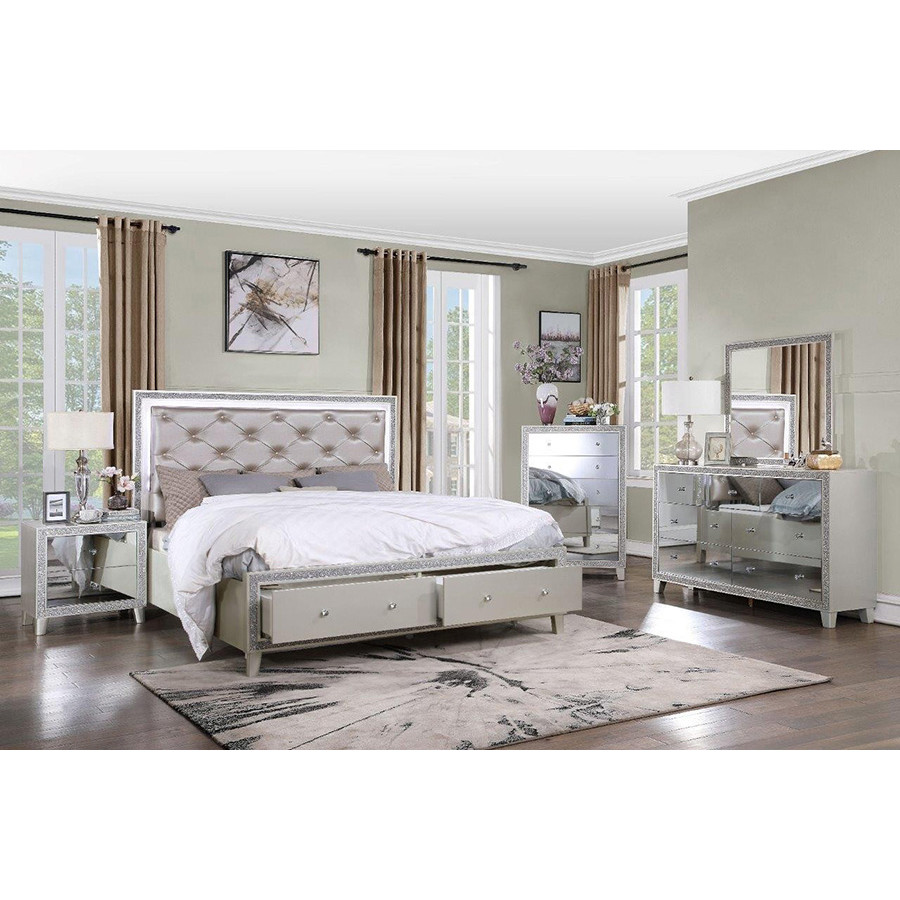 ACME Sliverfluff Eastern King Bed with Led/Storage - Synthetic Leather/Champagne