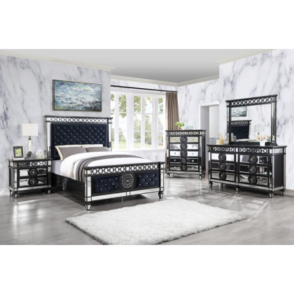 ACME Varian II Eastern King Bed - Mirrored/Dark Navy Blue/Black/Sliver