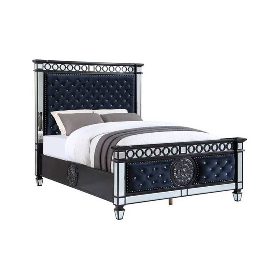 ACME Varian II Queen Bed - Mirrored/Dark Navy Blue/Black/Sliver