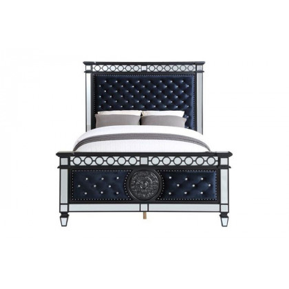 ACME Varian II Queen Bed - Mirrored/Dark Navy Blue/Black/Sliver