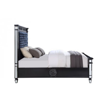 ACME Varian II Queen Bed - Mirrored/Dark Navy Blue/Black/Sliver