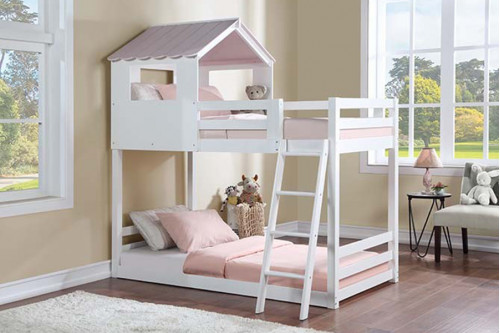 ACME™  - Solenne Twin Over Twin Bunk Bed in White and Pink Finish