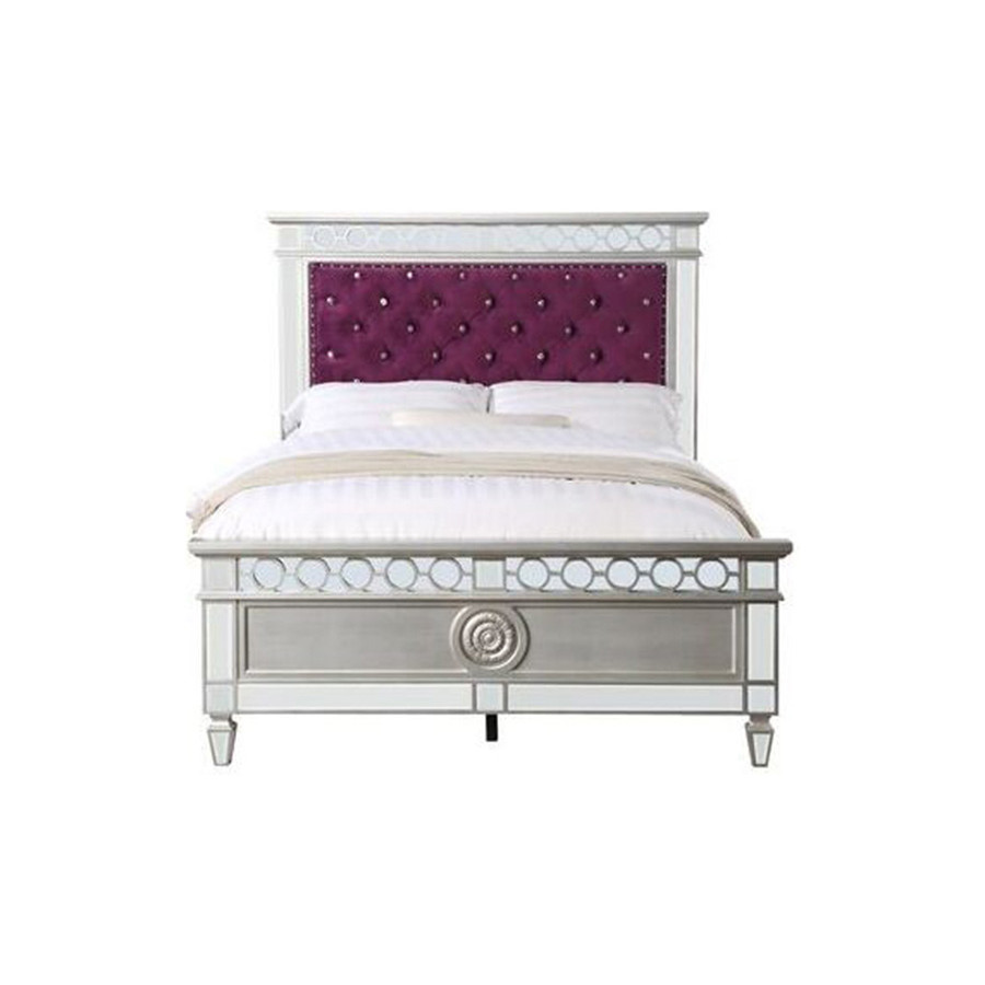 ACME Varian Bed - Burgundy Velvet and Silver, Full Size