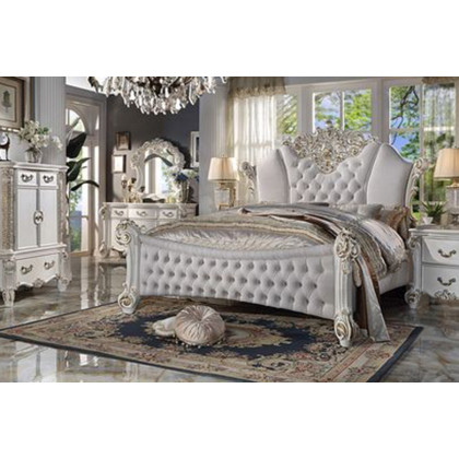ACME Vendom Bed - Two Tone Ivory Fabric and Antique Pearl Finish, Eastern King Size