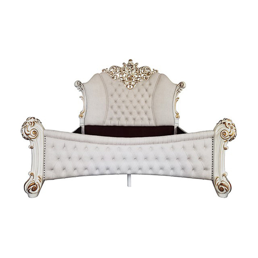 ACME Vendom Bed - Two Tone Ivory Fabric and Antique Pearl Finish, Eastern King Size