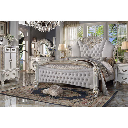 ACME Vendom Bed - Two Tone Ivory Fabric and Antique Pearl Finish, Queen Size