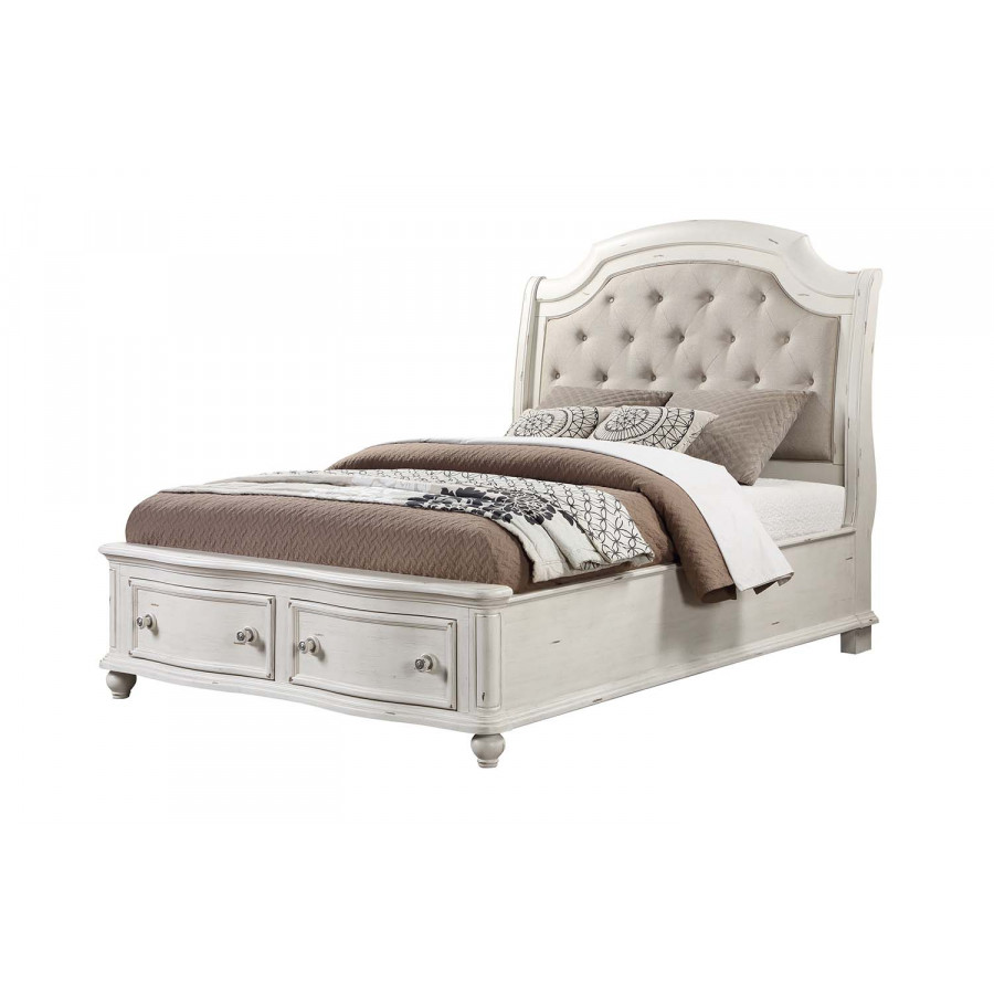 ACME Jaqueline Queen Bed with Storage - Gray Linen/Antique White