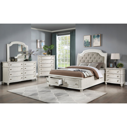 ACME Jaqueline Queen Bed with Storage - Gray Linen/Antique White