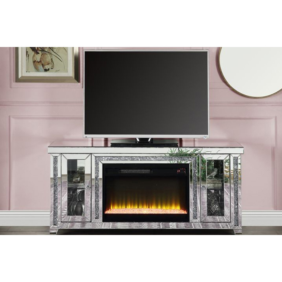 ACME - Noralie TV Stand with Fireplace & Led in Mirrored/Faux Diamonds (LV00315)
