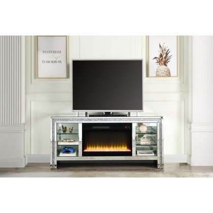 ACME - Noralie TV Stand with Fireplace & Led in Mirrored/Faux Diamonds (LV00317)