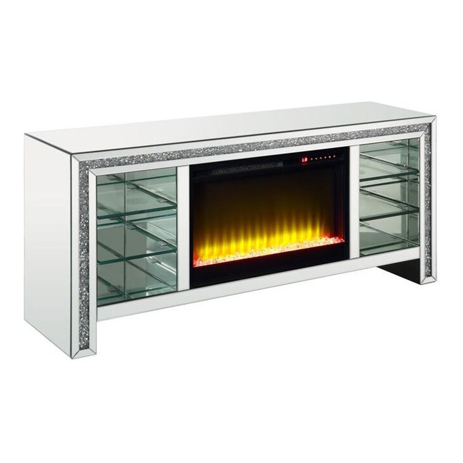 ACME - Noralie TV Stand with Fireplace & Led in Mirrored/Faux Diamonds (LV00317)