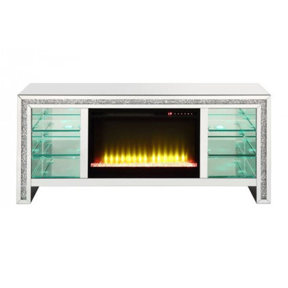 ACME - Noralie TV Stand with Fireplace & Led in Mirrored/Faux Diamonds (LV00317)