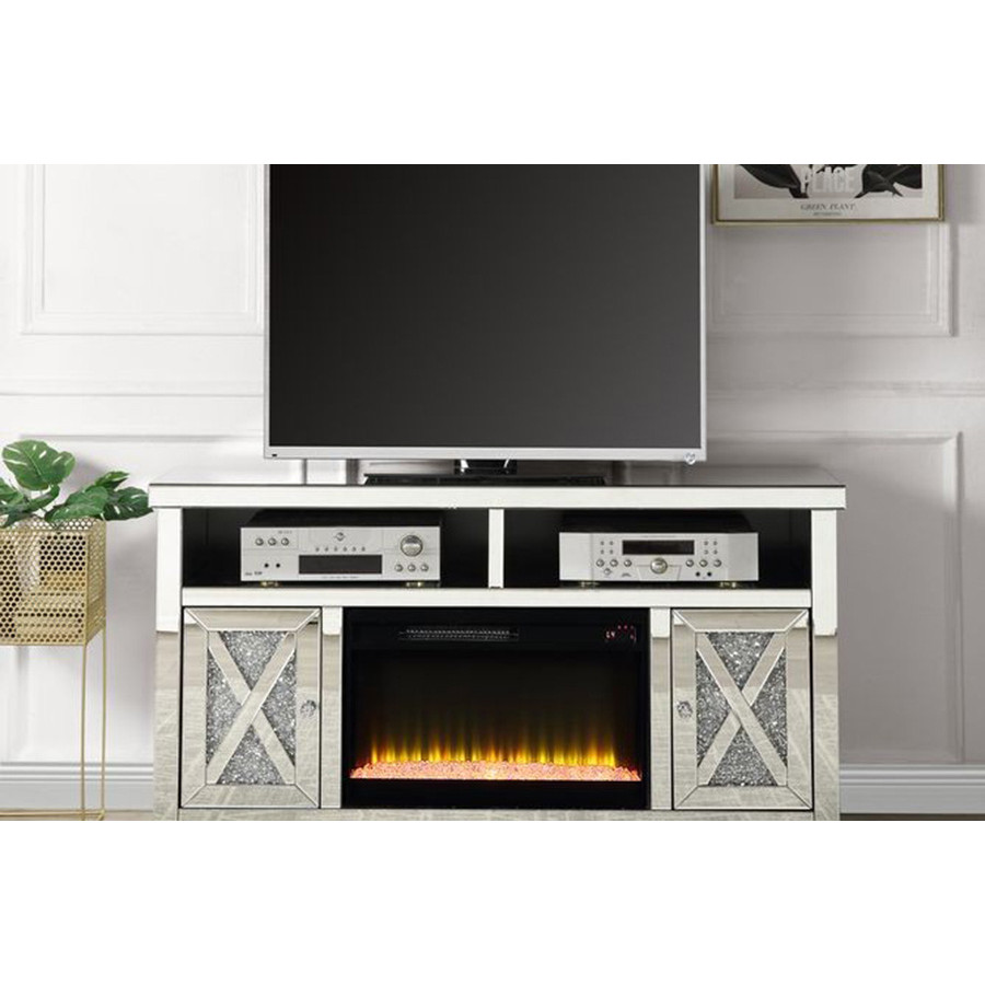 ACME - Noralie TV Stand with Fireplace in Mirrored/Faux Diamonds (LV00318)