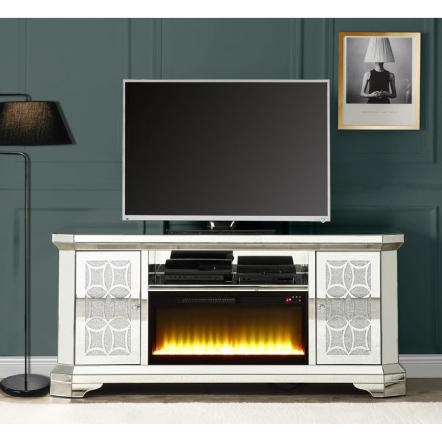 ACME - Noralie TV Stand with Fireplace in Mirrored/Faux Diamonds