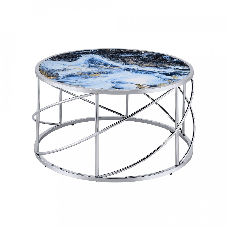 ACME - Lyda Coffee Table in Blue Marble Print/Chrome