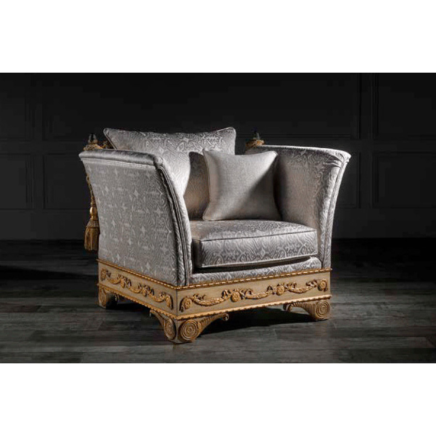 Alexandra - Lorena Stationary Pattern Print Armchair in Pompeii White/Gold, Rolled/Round Arms