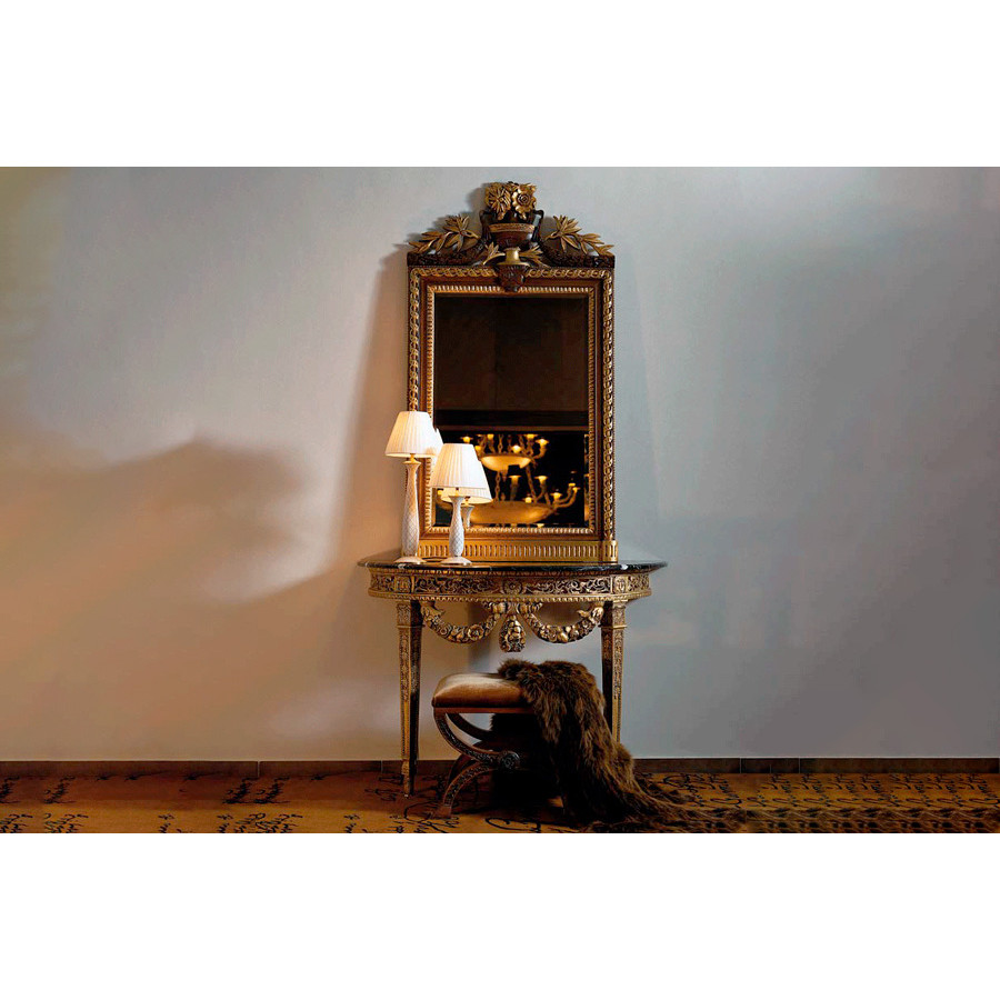Alexandra - Barroco Carved Console in Anticuary Gold, Black Marble