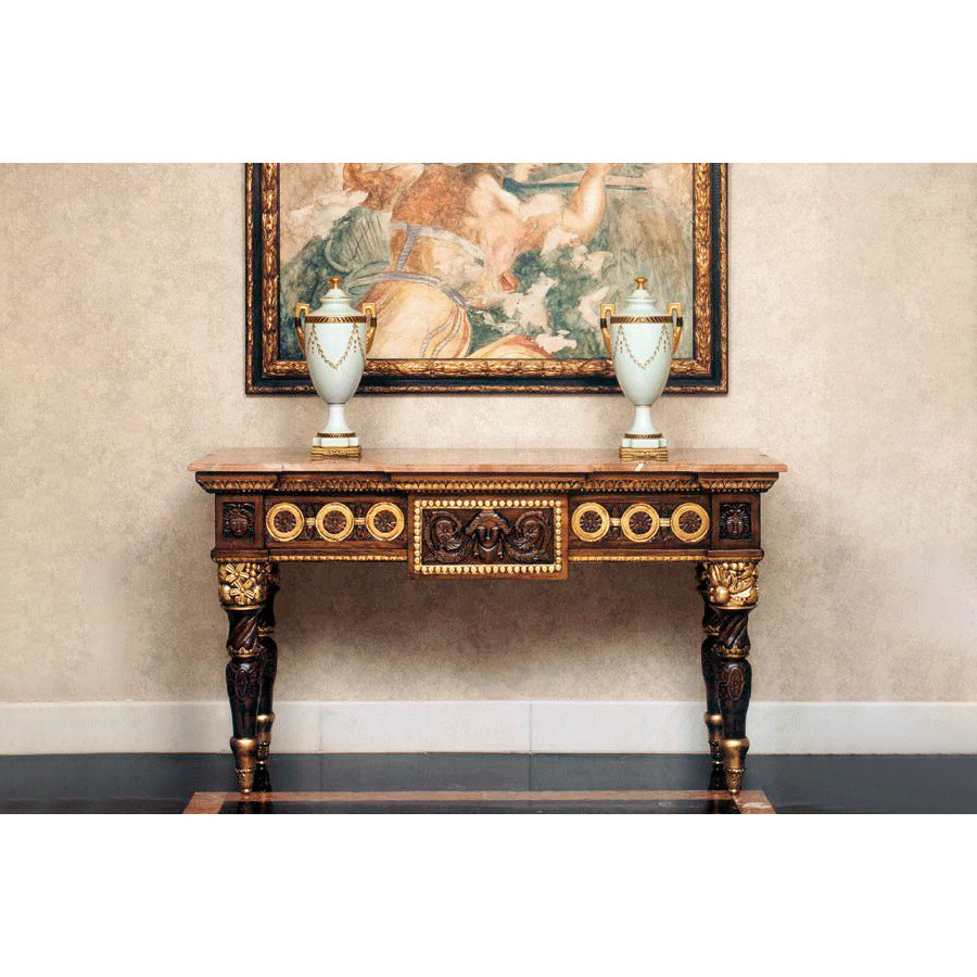 Alexandra - Sofia Carved Console in Walnut/Gold Wood, Alicante Red Marble