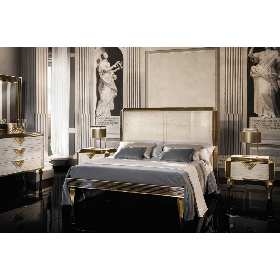 Arredoclassic Diamante King Size Bed Upholstered With Storage - Beige/Brown/Gold, Cat. B