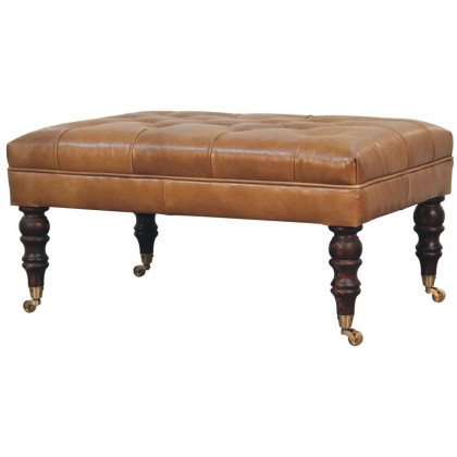 Artisan - California Walnut Buffalo Brown Leather Ottoman With Castor Legs