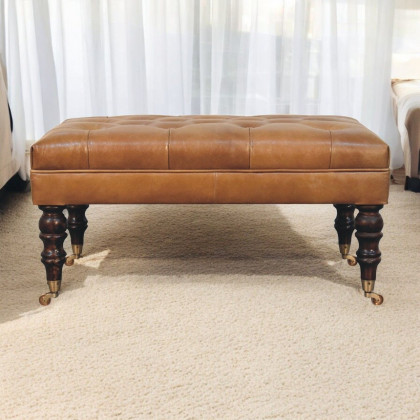 Artisan - California Walnut Buffalo Brown Leather Ottoman With Castor Legs