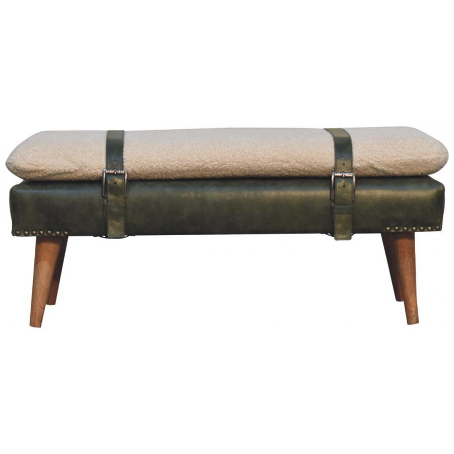 Artisan - Bouclé Buffalo Hide Olive Green Leather Bench
