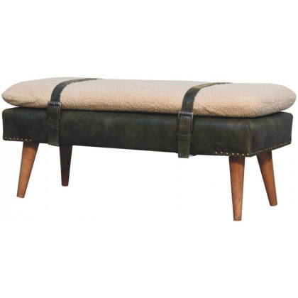 Artisan - Bouclé Buffalo Hide Olive Green Leather Bench