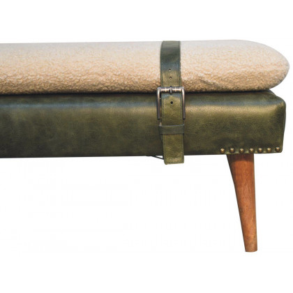 Artisan - Bouclé Buffalo Hide Olive Green Leather Bench
