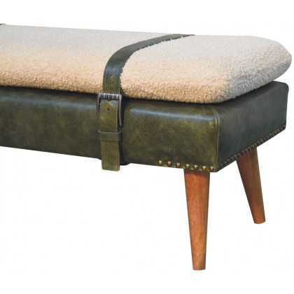 Artisan - Bouclé Buffalo Hide Olive Green Leather Bench