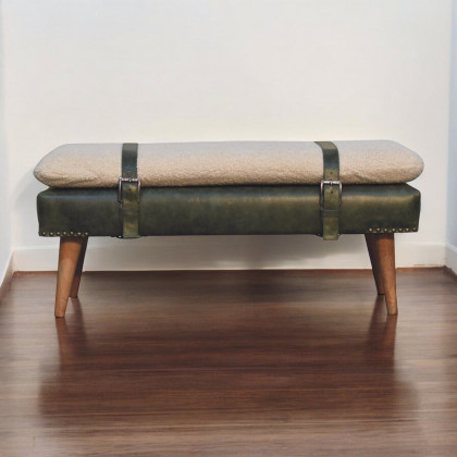 Artisan - Bouclé Buffalo Hide Olive Green Leather Bench